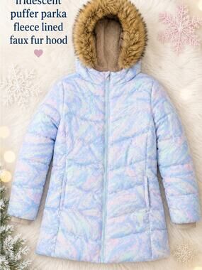 Lands’ End Kids Iridescent Puffer Parka Faux Fur Hood Fleece Lined Size XL 14-16